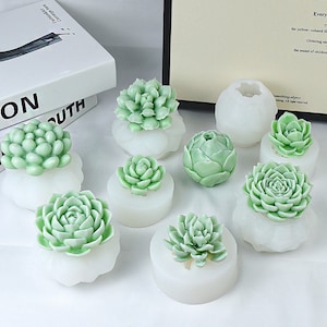 Könnte beinhalten: Acht Silikonformen zum Herstellen von Sukkulenten-förmigen Kerzen. Die Formen sind weiß und haben verschiedene Formen und Größen von Sukkulenten. Die Sukkulenten sind grün und haben ein realistisches Aussehen.