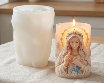 Maagd Maria cilinder kaars siliconen mal, DIY Madonna religieuze sojawas mal