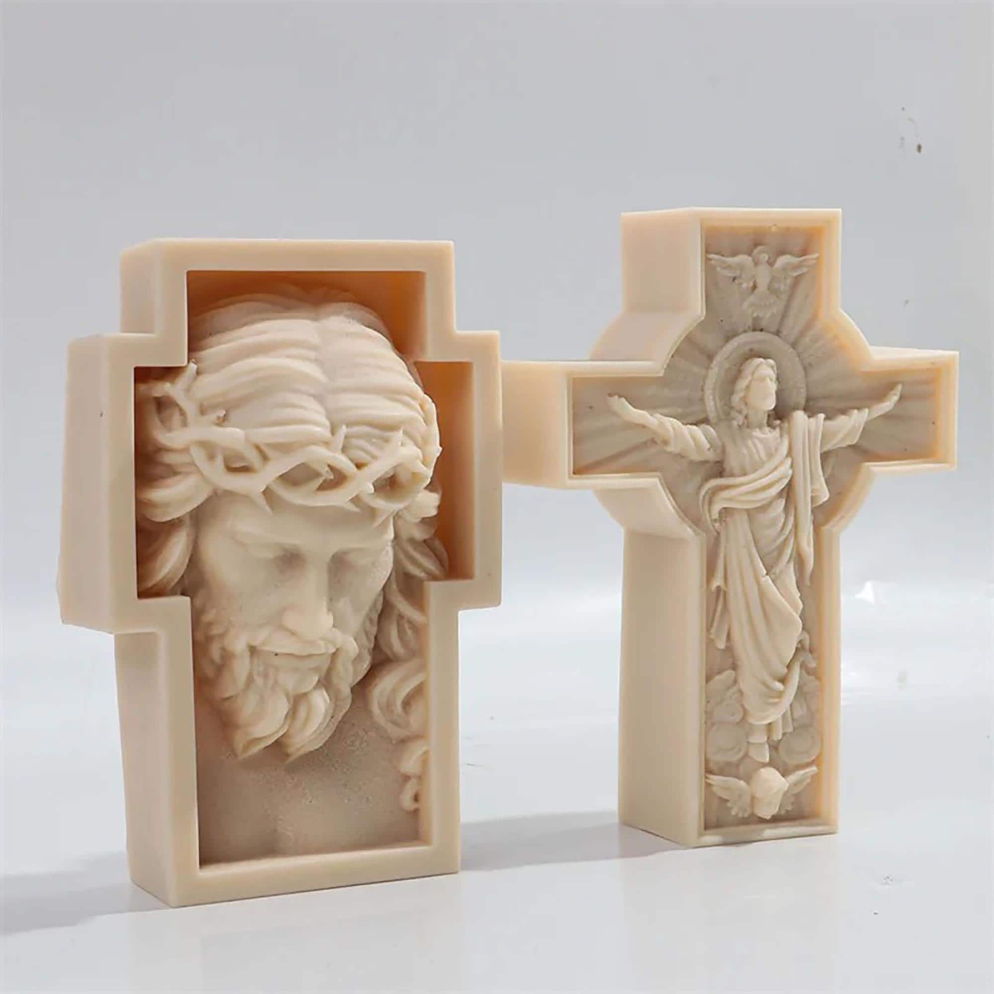 Large Jesus Cross Statue Silicone Mold Catholic Apostle Portrait Plaster Concrete Resin Casting Tools Religious Decoration Gifts