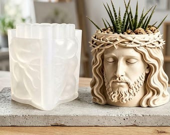Jesus Head Planter Silicone Mold, 3D Religious Sculptural Candle Holder Resin Concrete Mould