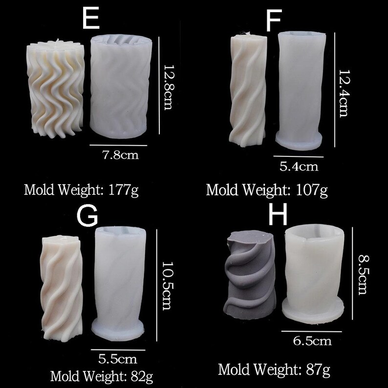 K&ouml;nnte beinhalten: Vier Silikon-Kerzenformen mit verschiedenen Designs. Die Formen sind wei&szlig; und messen zwischen 5,4 und 12,8 cm in der H&ouml;he. Die Formen sind mit den Buchstaben E, F, G und H gekennzeichnet. Das Gewicht der Formen ist in Gramm angegeben.