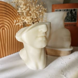Puede incluir: Busto blanco de yeso de la cabeza y el cuello de una persona con una venda que cubre los ojos. El busto está sentado sobre una superficie blanca.
