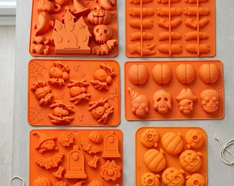 Halloween-vormpjes met griezelige pompoenen, spoken, heksen en skeletten, chocoladetaartdecoratie, bakbenodigdheden en feestartikelen