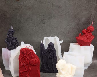 Spooky Gothic Skeleton Candle Silicone mold, Halloween Party Gift Home Decor Resin Casting Mould