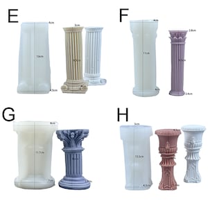 Pu&ograve; includere: Set di 10 stampi in silicone per realizzare colonne in miniatura. Gli stampi sono di varie forme e dimensioni, tra cui design semplici, scanalati e decorati. Gli stampi sono bianchi, beige, rosa e viola.