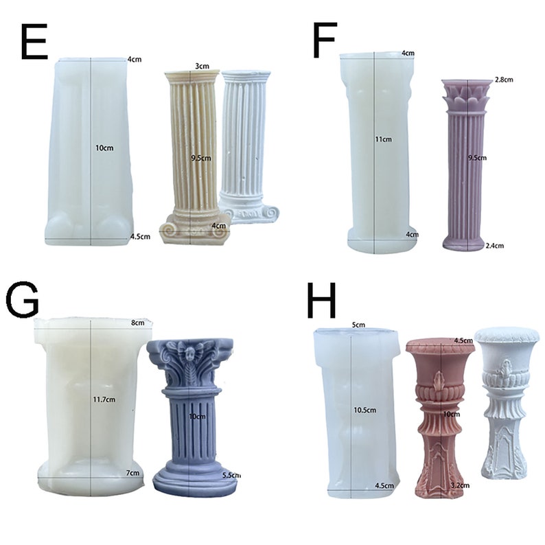 Pu&ograve; includere: Set di 10 stampi in silicone per realizzare colonne in miniatura. Gli stampi sono di varie forme e dimensioni, tra cui design semplici, scanalati e decorati. Gli stampi sono bianchi, beige, rosa e viola.