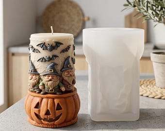 Siliconen mal voor cilinderkaarsen met Halloween-kabouter en pompoen, en mal voor griezelige vleermuizen (Jack Lantern) van sojawas.