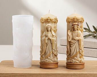 Virgin Mary and Jesus Christ Pillar Candle Mould: Christian Religious Figurine Resin Casting Mold
