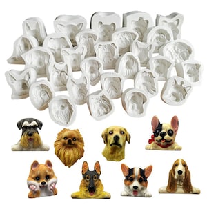 May include: A collection of white silicone moulds shaped like various dog breeds, arranged above eight finished, hand-painted resin dog figurines. The figurines include a schnauzer, a fluffy pomeranian, a golden retriever, and a french bulldog.