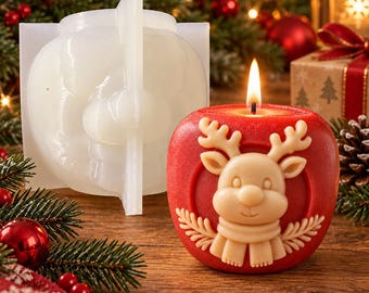 3D Christmas Apple Reindeer Candle Silicone Mold, DIY Xmas Relief Peace Apple Mould