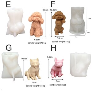 May include: Set of six silicone molds for making candles. The molds are shaped like different dogs and a human torso. The molds are white and have measurements in centimeters. The text "candle weight" is included in the image.