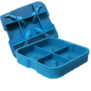May include: A blue silicone ice cube tray with a lid featuring a grid design. The lid has four dolphin-shaped molds. The tray itself has four square molds, each with a dolphin design. The tray is designed for making ice cubes.
