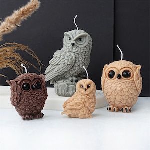 May include: Four owl-shaped candles, each with a different color and design. The candles are made of wax and have a realistic owl appearance. The owls are sitting on a white surface.