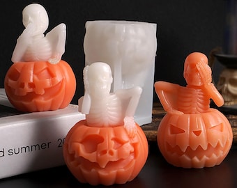 Hear See Speak No Evil Skelet in Pompoen Siliconenmal, Halloween Schedel Kaars Harsmal