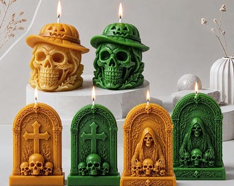 Halloween Tombstone Candle Silicone Mold, 3D Skull Reaper Cross Resin Mould