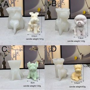 May include: Four silicone molds for making candles in the shape of dogs. The molds are white and feature different dog breeds, including a schnauzer, a poodle, a french bulldog, and a terrier. The molds are labeled with letters A, B, C, and D. Each mold has measurements in centimeters and the weight of the candle in grams.