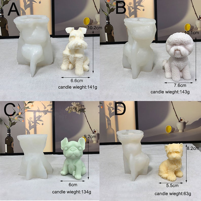 May include: Four silicone molds for making candles in the shape of dogs. The molds are white and feature different dog breeds, including a schnauzer, a poodle, a french bulldog, and a terrier. The molds are labeled with letters A, B, C, and D. Each mold has measurements in centimeters and the weight of the candle in grams.
