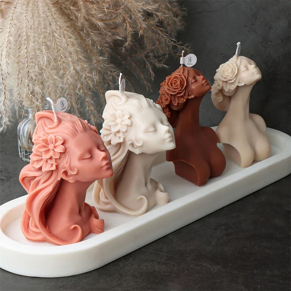 Avatar girl Maiden Bust statue Aroma Candle Silicone Mold Flower Fairy  Long Hair Girl Plaster Art craft Decor Mould