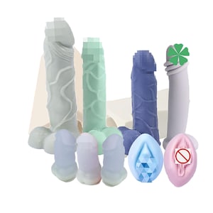 May include: A collection of silicone sex toys in various colors, including white, green, blue, and pink. The toys are in different shapes and sizes, with some featuring textured surfaces and decorative elements.
