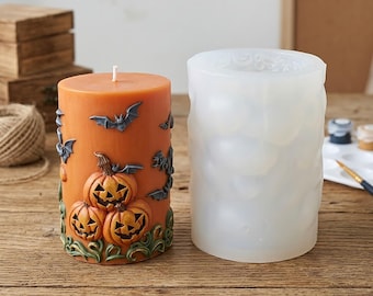 Halloween pompoen- en vleermuizenkaarsvorm, 3D cilindervormige Jack-o'-lantern sojawax siliconenmal