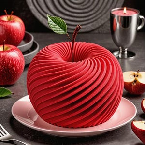 Op de afbeelding: Een rode appelvormige cake met een swirl-ontwerp. De cake staat op een roze bord en er zijn rode appels op de achtergrond.