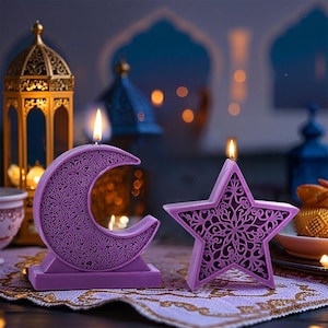 May include: Two purple candles shaped like a crescent moon and a star. The candles are decorated with intricate designs and have a traditional Islamic theme.