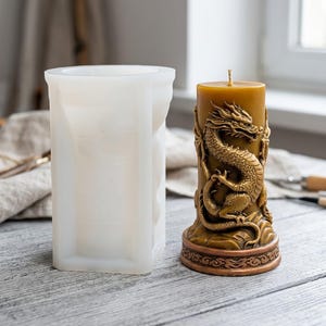 Oriental Mythical Dragon Cylinder Candle Mold,  Carved Dragon Pillar Soy Wax Silicone Mold