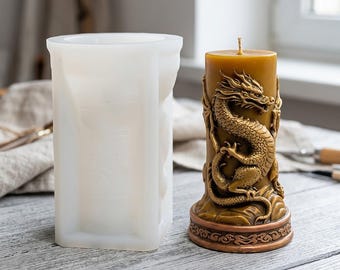 Oosterse mythische draak cilindervormige kaarsenmal, gegraveerde draak pilaarvormige sojawas siliconenmal