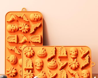 Siliconen mal voor chocolade met Halloweenpompoen, schedel en vleermuis, heksenhoed en grafsteen, decoratieve mal van hars.