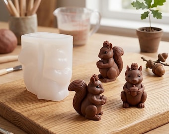 3D Squirrel Holding Acorn Silicone Mold,Autumn Woodland Animal Craft Resin Plaster Mould