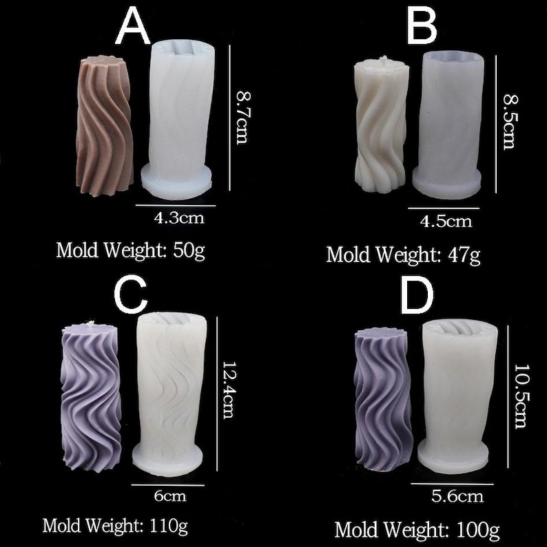K&ouml;nnte beinhalten: Vier Silikon-Kerzenformen in verschiedenen Gr&ouml;&szlig;en. Die Formen sind wei&szlig; und haben ein wellenf&ouml;rmiges Design. Die Formen werden mit Beispielkerzen in Braun, Wei&szlig; und Lila gezeigt.