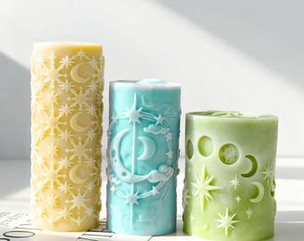 Planet Series Relief Cylinder Candle Mold:Star Moon Aroma Ramadan Pillar Candle Making Supplies