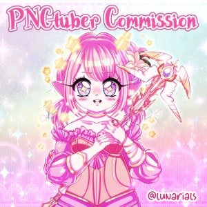 May include: A pink anime-style character with large eyes and pink hair holds a staff with a crescent moon and stars. The background is a pink and blue gradient with stars and sparkles.
