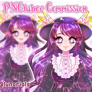 May include: A digital illustration of a young woman with long purple hair, wearing a black hat with gold accents and a black dress with white lace trim. The background is a sparkly pink and blue gradient.