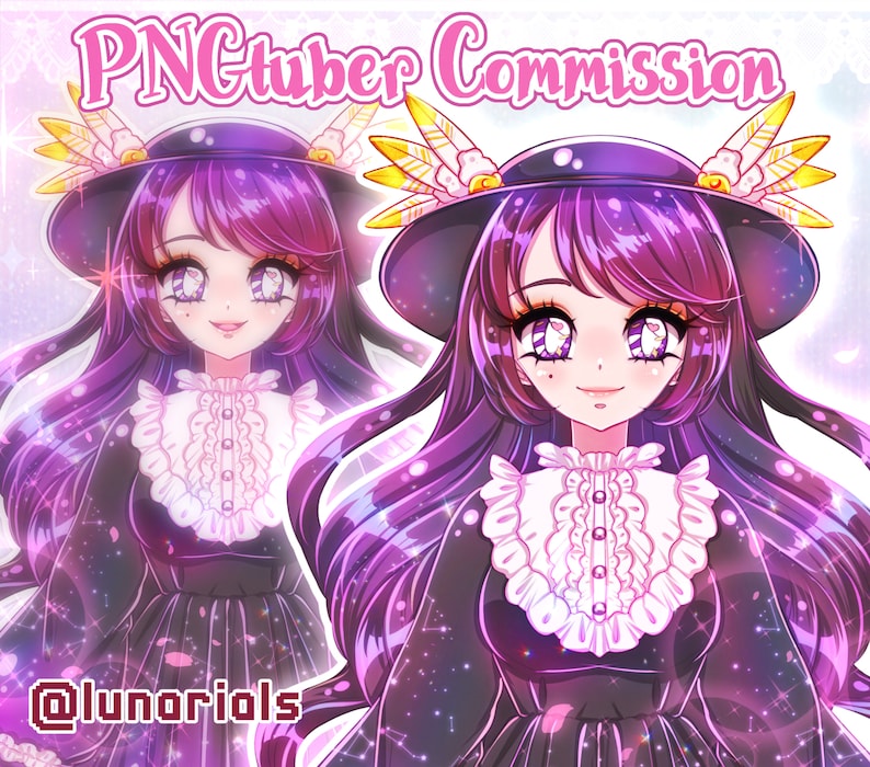 May include: A digital illustration of a young woman with long purple hair, wearing a black hat with gold accents and a black dress with white lace trim. The background is a sparkly pink and blue gradient.
