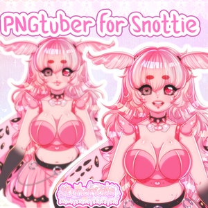 May include: A digital illustration of a pink anime character with large eyes, pink hair, and butterfly wings. The character is wearing a pink and white outfit with a heart-shaped design. The text "PNGtuber for Snottie" is at the top of the image.