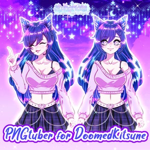 May include: Two digital illustrations of anime-style characters with blue hair, wearing pink sweaters, black crop tops, and plaid skirts with chains. The background is a purple and blue gradient with stars and moons.
