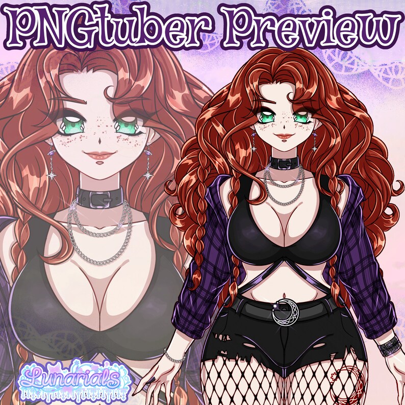 May include: A digital illustration of a woman with long red hair wearing a black and purple plaid shirt, a black bra, black shorts, fishnet stockings, and a silver necklace. She has green eyes and freckles. The background is a purple and pink gradient with stars and a white lace pattern.