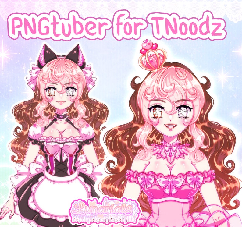 May include: A digital illustration of a cartoon character with pink and brown hair wearing a pink and black maid outfit with a white apron. The character has a crown on her head and is smiling.