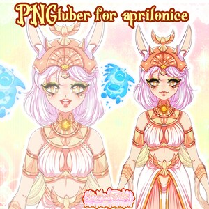 May include: A digital illustration of a female character with pink hair, wearing a gold and white outfit with a winged headdress. The character has large, yellow eyes and a bright smile. The background is a soft, pastel color.