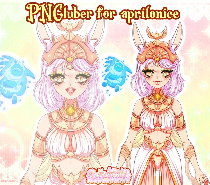 May include: A digital illustration of a female character with pink hair, wearing a gold and white outfit with a winged headdress. The character has large, yellow eyes and a bright smile. The background is a soft, pastel color.