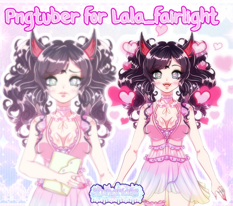 May include: A digital illustration of a pink-haired anime character with cat ears and a pink dress. The character is holding a light yellow notebook. The background is a pink and purple gradient with hearts.