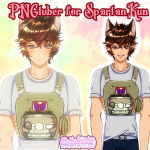 May include: A cartoon illustration of a person with brown hair and cat ears wearing a white shirt and a green tactical vest with a white and gray device attached to the front. The vest has a purple bow on the front.