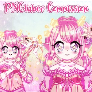 May include: A digital illustration of a pink-haired anime character with large eyes and a pink dress. The character is surrounded by stars and sparkles. The text "PNGtuber Commission" is at the top of the image.