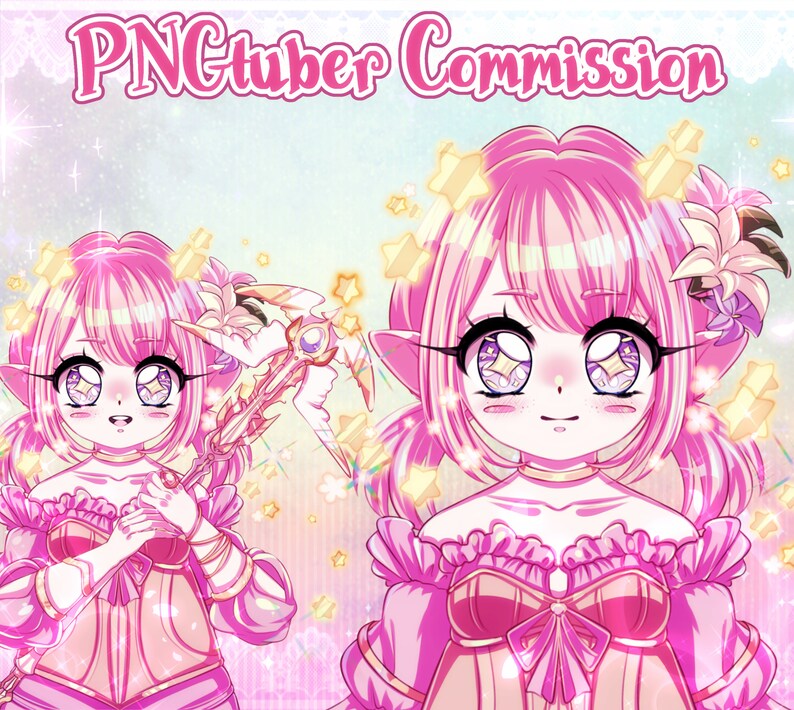 May include: A digital illustration of a pink-haired anime character with large eyes and a pink dress. The character is surrounded by stars and sparkles. The text "PNGtuber Commission" is at the top of the image.