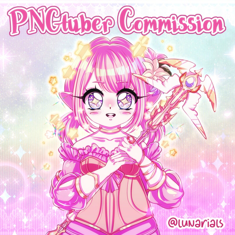 May include: A pink anime-style character with large eyes and pink hair holds a staff with a crescent moon and stars. The background is a pink and blue gradient with stars and sparkles.