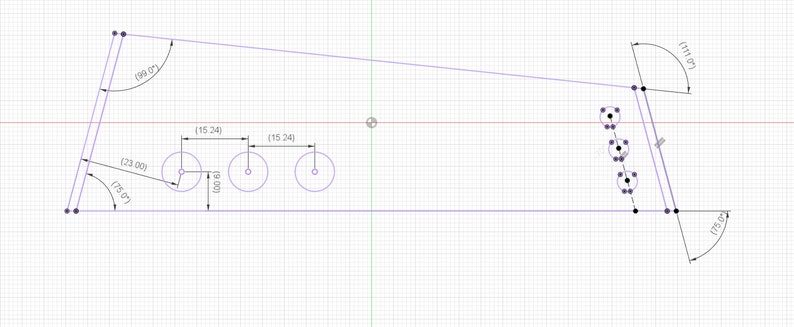 Op de afbeelding: Technische tekening van een geometrische vorm met afmetingen en hoeken. Het ontwerp omvat cirkels, lijnen en hoekmetingen in graden. De afmetingen zijn in millimeters.