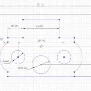 Op de afbeelding: Technische tekening met afmetingen in centimeters. Het diagram toont een rechthoekige vorm met gebogen randen en cirkelvormige uitsparingen. Afmetingen: 72 cm breed, 41,935 cm hoog en cirkelvormige uitsparingen met een diameter van 9 en 12 cm.