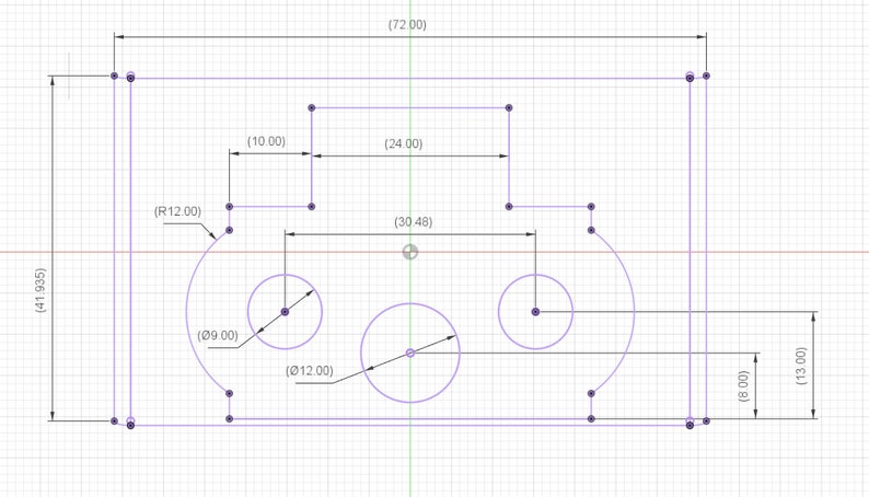 Op de afbeelding: Technische tekening met afmetingen in centimeters. Het diagram toont een rechthoekige vorm met gebogen randen en cirkelvormige uitsparingen. Afmetingen: 72 cm breed, 41,935 cm hoog en cirkelvormige uitsparingen met een diameter van 9 en 12 cm.
