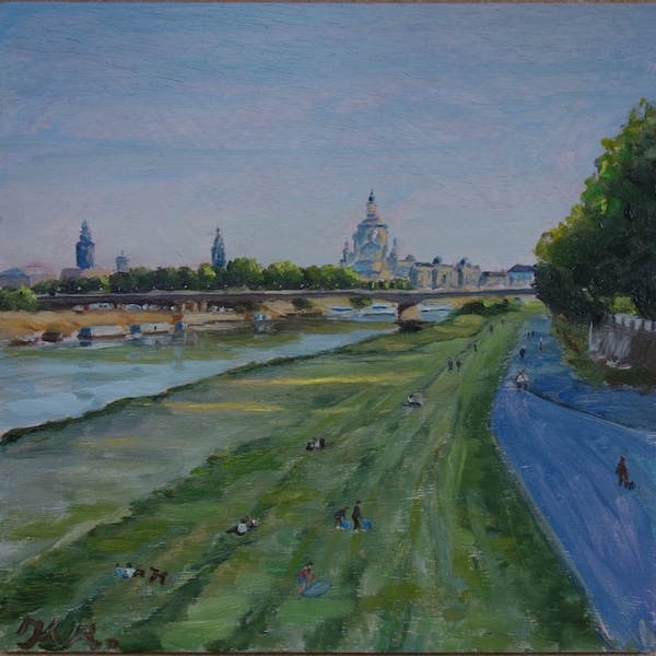 Öl auf Bord, Dresden, Original-Kunst, Sommer, Landschaft, Wohnungseirichtung, Bilder, Wohnzimmer Deko, Gemälde , große Wandkunst,Elbufer